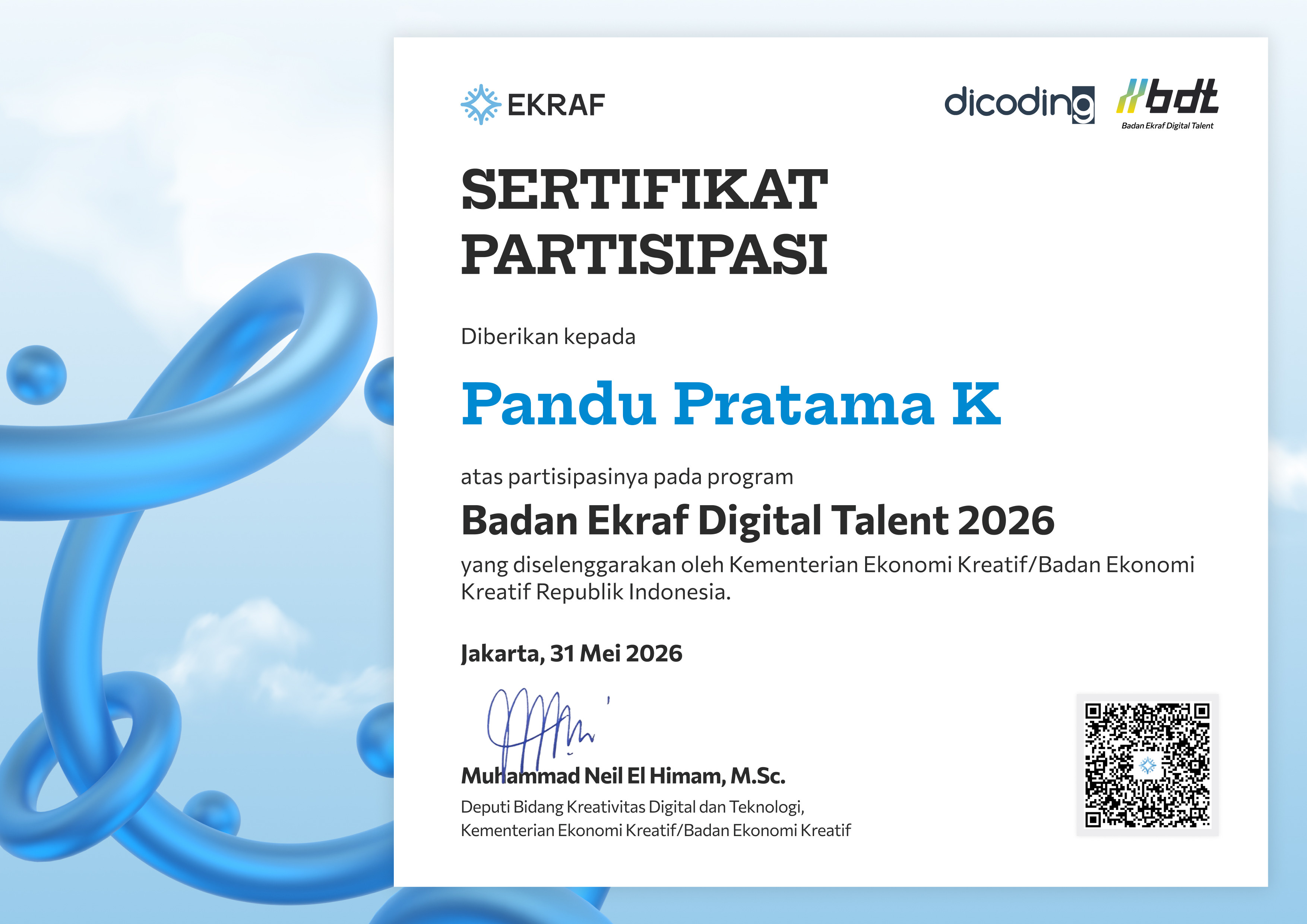 Sertifikat Badan Ekraf Digital Talent (BDT) 2026