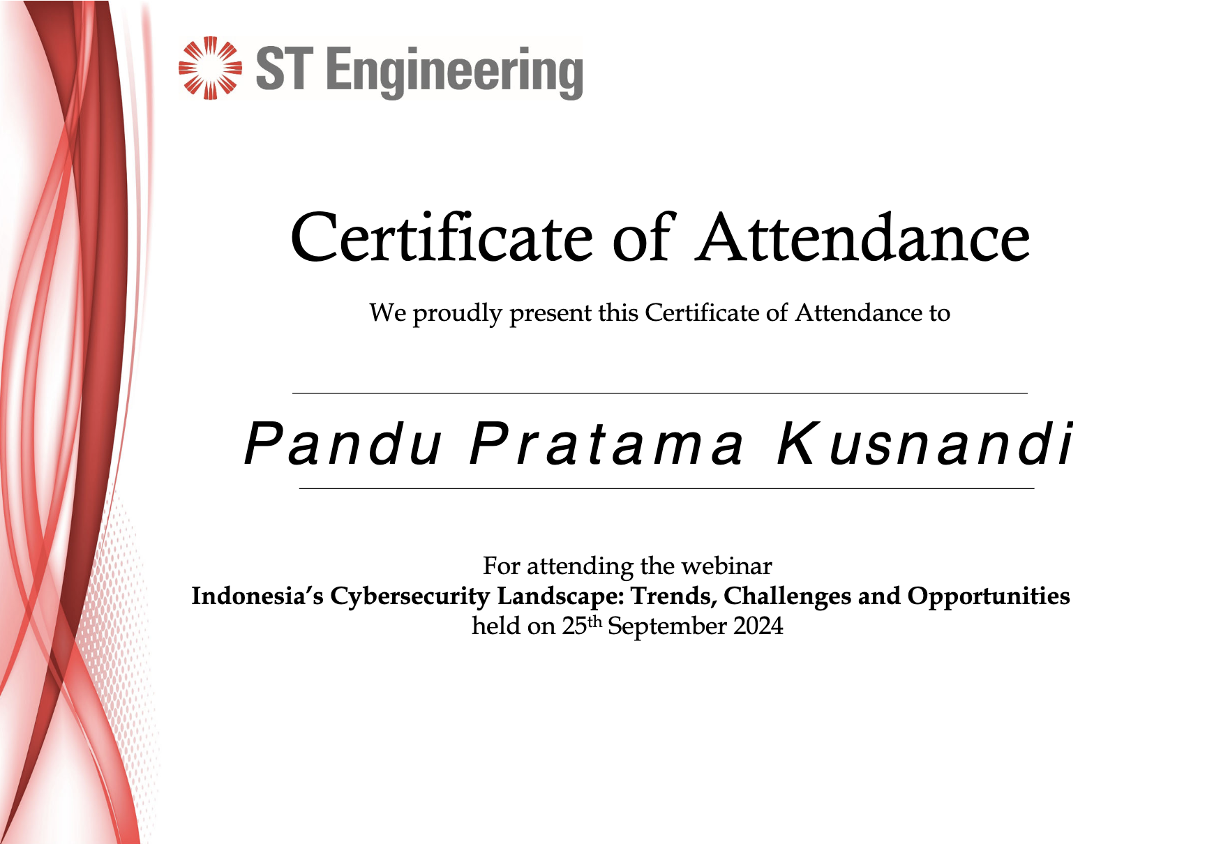 Sertifikat Webinar Indonesia's Cybersecurity Landscape: Trends, Challenges and Opportunities