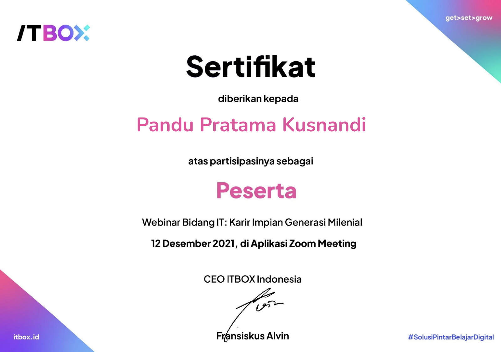 Sertifikat Webinar Bidan IT : Karir Impian Generasi Milenial