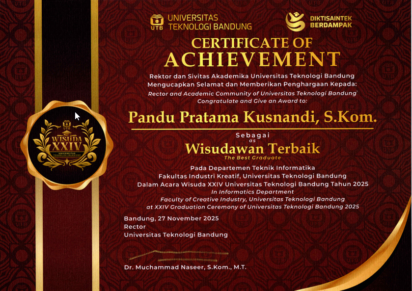 Sertifikat Penghargaan Wisudawan Terbaik Teknik Informatika Universitas Teknologi Bandung