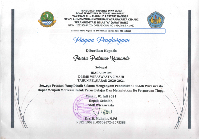Piagam Penghargaan Juara Umum SMK Wiraswasta Cimahi 2020-2021